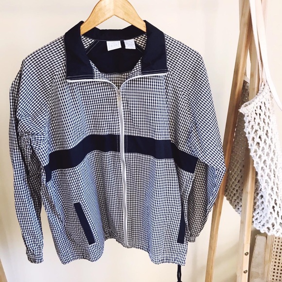 Vintage Gingham Striped Collared Windbreaker Jacket in Navy/White - Picture 2 of 4